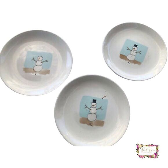 RARE 3 RAE DUNN MAGENTA EXCLUSIVE SNOWMAN PLATES M MARK HTF ⛄️ - Picture 1 of 7